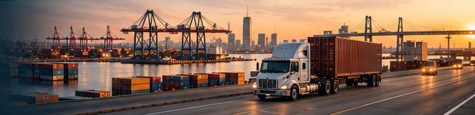 Visualizzazione illustrativa di un porto e un camion al tramonto