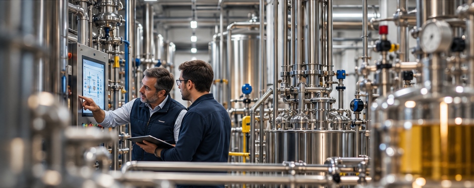 Immagine illustrativa approvata: impianto di lavorazione delle bevande con serbatoi inox, tubazioni e due tecnici ai controlli